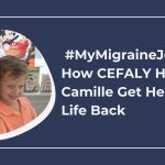 A mom with short brown hair hugs her son while wearing the CEFALY migraine device